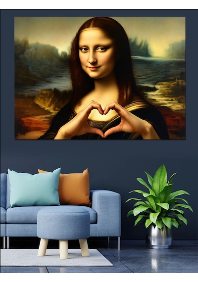 Kalp İşareti Yapan Mona Lisa Dekoratif Kanvas - Mdf Ahşap Tablo