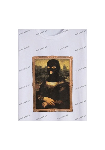 Kod Trend Erkek Büyük Beden Komik Mona Lisa Baskılı T-shirt Beyaz