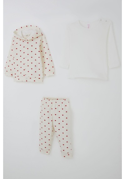 Breeze Kız Bebek Bodyli 3 Lü Takım Kalp Desenli Önden Çıtçıtlı 4 Ay-1 Yaş, Krem