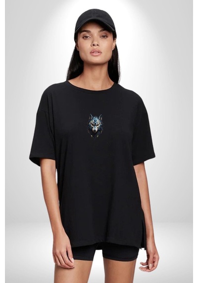 Mavi Kurt Robot Siyah Oversize Unisex Ön Orta Minimal Baskılı Tişört Siyah
