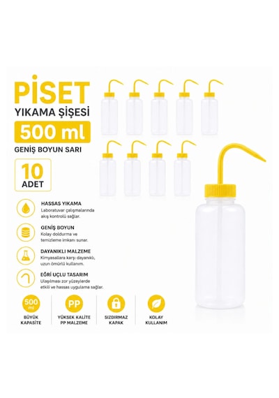 Piset 500 Ml - Yıkama Şişesi - Geniş Boyun Sarı 10 Adet