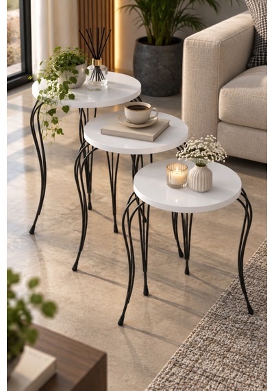 Sulorahome Lükens Metal Ayaklı Beyaz 3'lü Zigon Sehpa Takımı