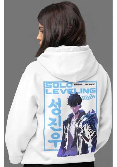 Sevbano Solo Leveling Sung Jinwoo Anime Sırt Baskılı Unisex Oversize Peny beyaz