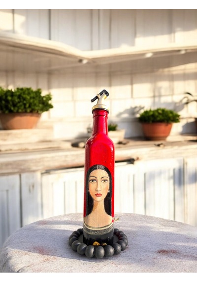500 Ml El Yapımı Kadın Portreli Cam Yağdanlık Sosluk, Sirkelik, Mutfak & Sofra Aksesuarı, Sunum Kırmızı