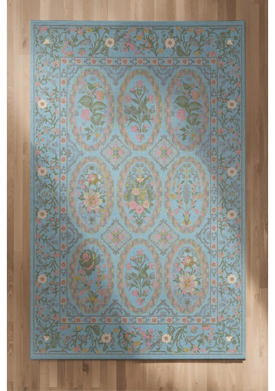 Floris 232 Mavi Pembe Çiçekli Bordürlü Eskitme Desenli Dokuma Şönil Bohem Vintage Oda Halısı