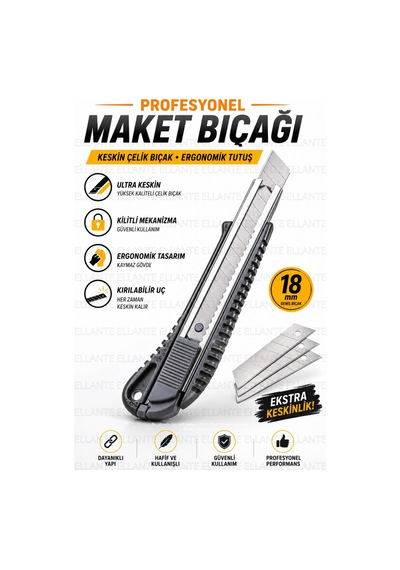 Profesyonel Maket Bıçağı 18 Mm Metal Raylı, Kırılabilir Çelik Uç, Kilitli Mekanizma, Ergonomik Fal