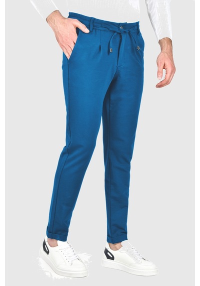 Deepsea Erkek Mavi Beli Lastikli Slim Fit Likralı Duble Paça Penye Spor Pantolon 2502385 Mavi