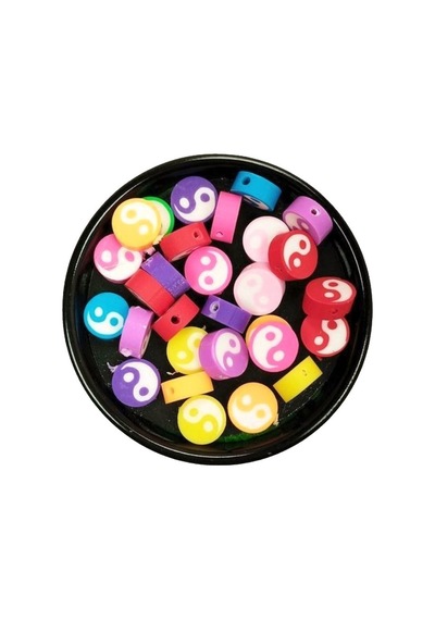 30 Adet 10 Mm Polimer Kil Fimo Boncuk Takı Bileklik + 1 Metre Lastikli Misina  - Renkli Yin Yang
