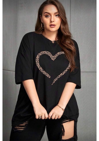Love Kadın Büyük Beden Battal Baskılı Bisiklet Yaka Pamuklu T-shirt Rahat Kesim Unisex Sevgili Kombini SIYAH