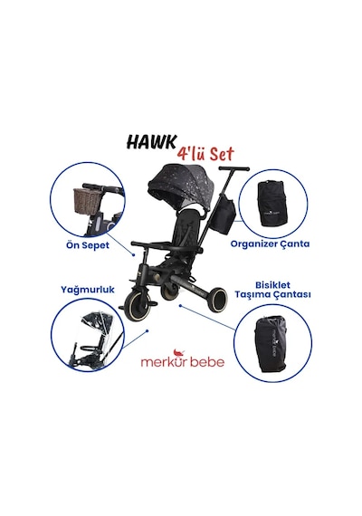 Merkür Bebe 9in1 Hawk Çift Yönlü Katlanabilir Yatabilir Ayak Destekli Üç Tekerlekli Bebek Ve Çocuk Bisikleti Seti Premium Gold Siyah - Sarı
