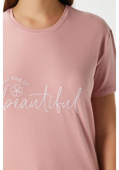 Ritnice Kadın Beautiful Yumuşak Doku Pudra Bisiklet Yaka Kısa Kollu Alt Üst Pijama Takımı Pudra