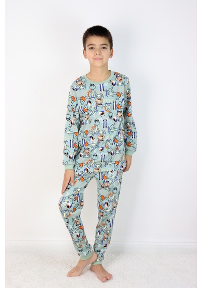 Harika Kids Erkek Çocuk Baskılı İnterlok Kumaş Uzun Kollu Pijama Takımı Yeşil