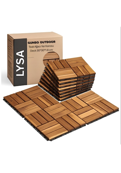 Teak Ağacı Yer Karosu 9 Adet 1 Koli Bahçe Banyo Deck Ahşap Karo Masif Yer Döşemesi Balkon Deck