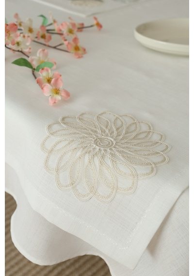 Yakacihome Çiçek Güpürlü 4 'lü Amerikan Servis& Runner Gardenya Keten Yıkanabilir Leke Tutmaz Premium Çeyiz Set Krem
