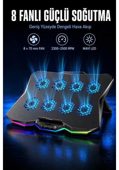 Uptech Rgb Laptop Soğutucu 8 Fanlı Ayarlanabilir Standlı Notebook Soğutucu