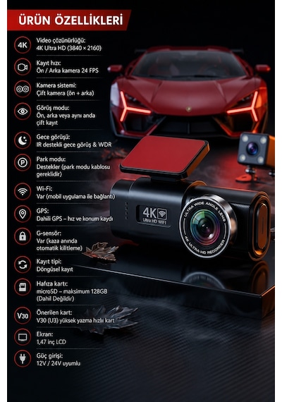 4k Ultra Hd Araç Kamerası Çift Lens Ön Arka Wi-fi Gps Park Modu Gece Görüşlü G-sensörlü Araç İçi Güvenlik Kamerası