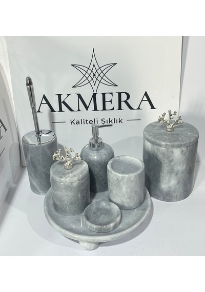 Lüks Gri Mermer Top Ayaklı 7 Parça Banyo Seti Gri - Beyaz