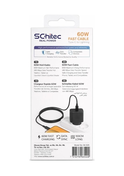 Schitec 60w Type-c To Type-c Data Ve Hızlı Şarj Kablosu Telefon, Tablet, Laptop Uyumlu Siyah Sk005