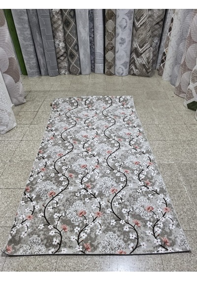 Çiçek Desenli Gri Vizon Koridor Yolluğu Kaymaz Taban Yıkanabilir Salon Mutfak Halısı
