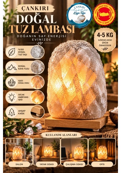 Çankırı 4-5 Kg Gri Doğal Kaya Tuzu Lambası Ahşap Kaideli Dekoratif Lamba
