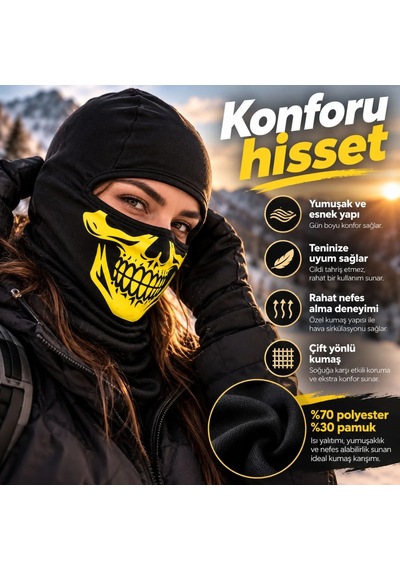 Genel Unisex Sarı Kurukafa Desenli Balaklava Kar Maskesi Siyah Tam Yüz Boyunluk Motos Siyah / Standart