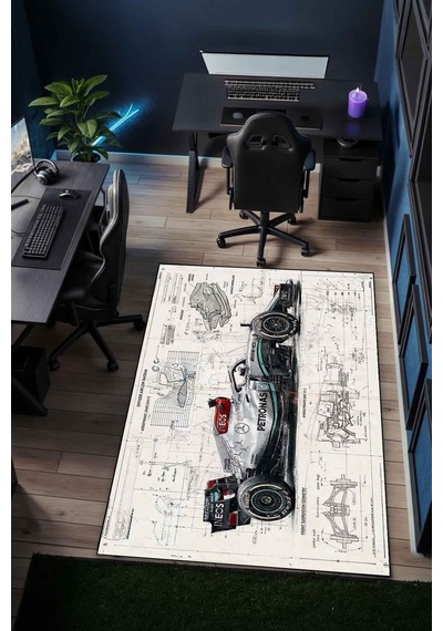 F1 Blueprint Halı Dijital Baskı Yıkanabilir Kaymaz Taban Leke Tutmaz Çok Renkli-24