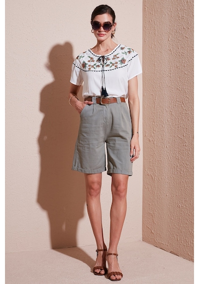 Lela Pamuklu Relaxed Fit Yüksel Bel Kemerli Gabardin Short Bayan Şort 668Yp4710 Açık Haki