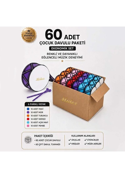 Midex Tf-20-60x Örf Aletleri Seti Çocuk Davulu Seti Toptan Paket-2 6 Renk, 60 Adet