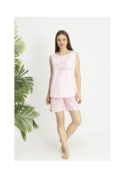 Estiva Kadın Çiçek Alt Desenli Pembe Kolsuz Şortlu Penye Lycra Pijama Takımı Çok renkli