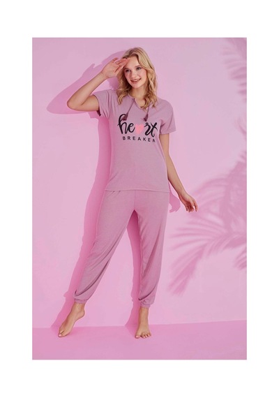 Rindahomewear Kadın Fitilli Kısa Kol Pijama Takımı Gül Kurusu