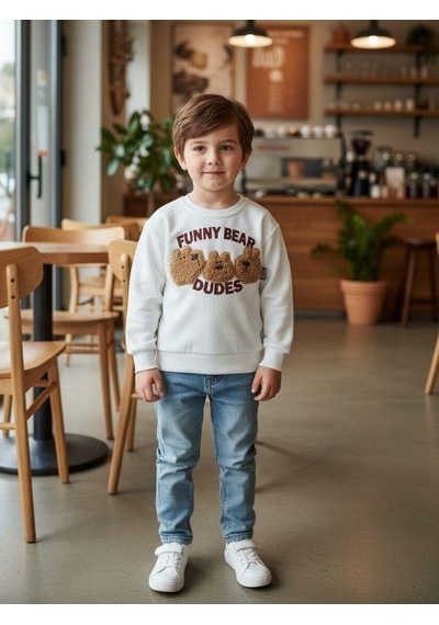 Zekids Erkek Çocuk Peluş Ayıcık İşlemeli Sweatshirt-16393 Ekru