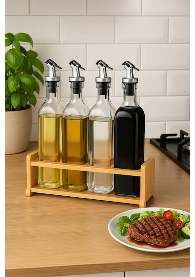 Cam Zeytinyağı Ve Sirke Şişesi Seti Doğa Ahşap Tutucu 250ml Sızdırmaz Kapaklı Sos Yağdanlık Set Standlı 4'lü Set Ahşap