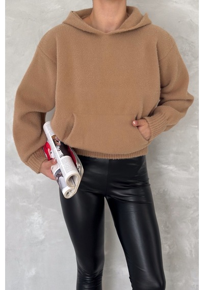 Femelle Kadın Kahverengi Standart Beden Kapüşonlu Peluş Triko Sweatshirt