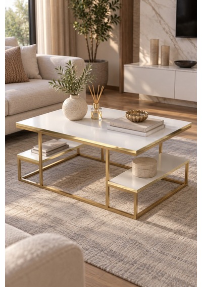 Sulorahome Gold Beyaz Orta Sehpa 90x60 Cm Dikdörtgen Salon Sehpası Altın - Beyaz