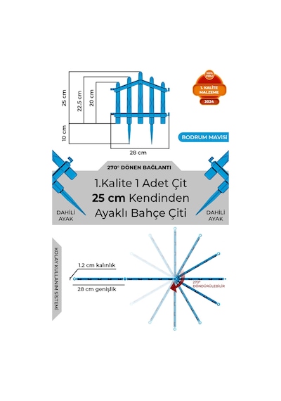 Dekoratif Plastik Bahçe Çiti Ve Peyzaj Çiti 1 Adet Çit Y: 25 Cm / G: 25 Cm Toprak Ayaklı - Bodrum Mavisi