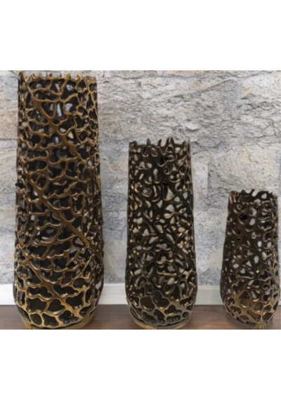 Altın Sarısı 3 Lü Dekoratif Vazo Seti 48-35-25 Cm Modern Salon Süs Vazosu