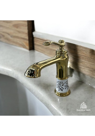 İsaoğlu Yapı Gold Vintage Lavabo Bataryası Porsalen Tasarım Pirinç Armatür Gold