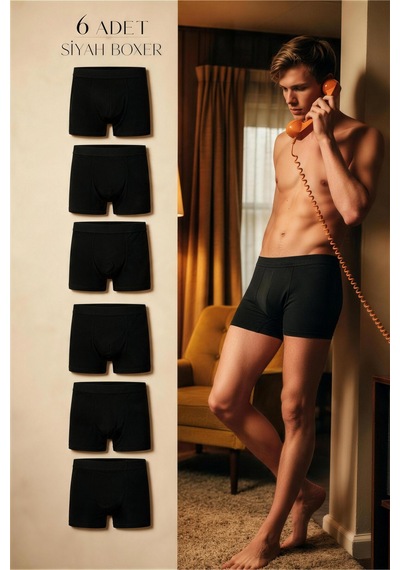 Cnt Erkek Likralı 6'lı Siyah Renk Boxer Premium Paket Trendybee Siyah Siyah