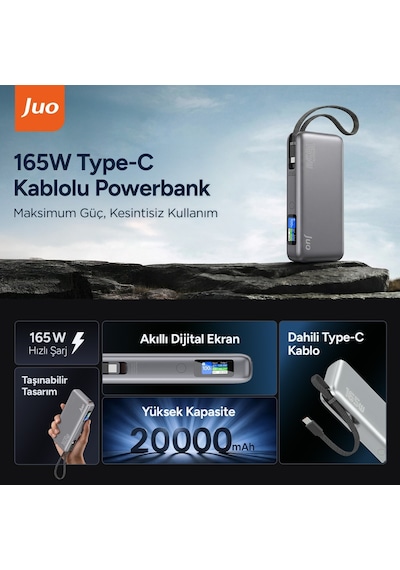 Juo 20000 Mah 165w Led Ekranlı Usb-a + Type-c Kablolu Taşınabilir Pd Hızlı Şarj Cihazı Powerbank Gri