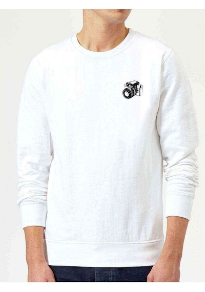 Fotoğraf Makinesi Karakalem Çizim Baskılı Beyaz Erkek Sweatshirt