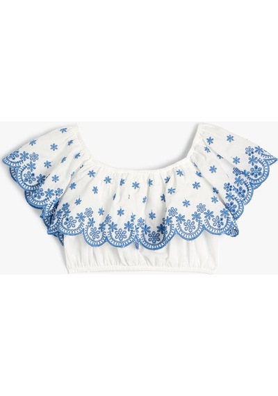 Koton Crop Bluz Düşük Omuz Fırfırlı İşlemeli Beyaz 4skg60054aw Beyaz