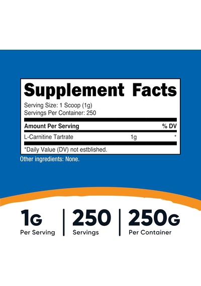 Nutricost L-carnitine Tartrate Muscle Recovery 250 Gram - 1 Gram Per Serving, 250 Servings Aromasız