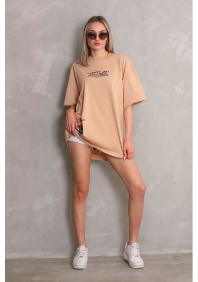 Hazego Unisex Bisiklet Yaka Baskılı Oversize T-shirt - Bej