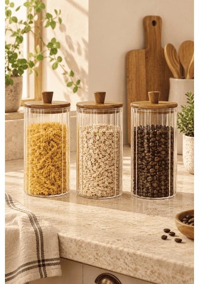 Atbyhome 3'lü Akasya Ahşap Kapaklı Çizgili Cam Kavanoz 1160 Ml - Vakumlu Erzak Ve Bakliyat Kabı Ahşap - Şeffaf