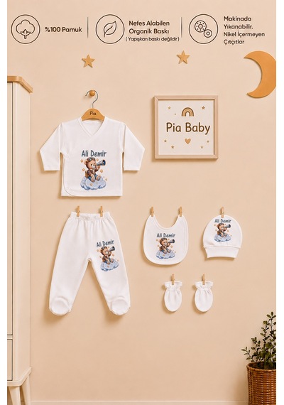 Pia Baby İsme Özel Erkek Bebek %100 Pamuk Zıbın Şapka Önlük Eldiven Ve Yastık Kılıfı Hediyelik Set 1007yz0x Ekru