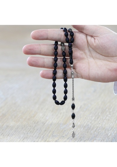 Tesbihname Sıkma Kehribar Tesbih - 925 Ayar Gümüş Püsküllü - Özel Hediye Kutulu - Arpa Kesim - Siyah Renk