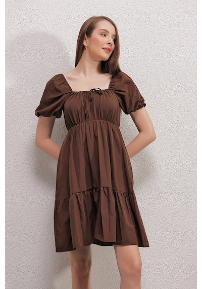 Bigdart 2351 Kloş Poplin Elbise - Kahverengi 001