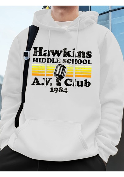 Startmore Startmorehawkins Ortaokulu A.v. Club Prints Erkek Kapüşonluları Sonbahar Cepli Kazak Temel Polar Gevşe Beyaz