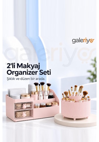Makyaj Organizeri Çekmeceli Tavşan Ve 360 Derece Dönebilen 5 Bölmeli İkili Set Pembe Açık Beyaz