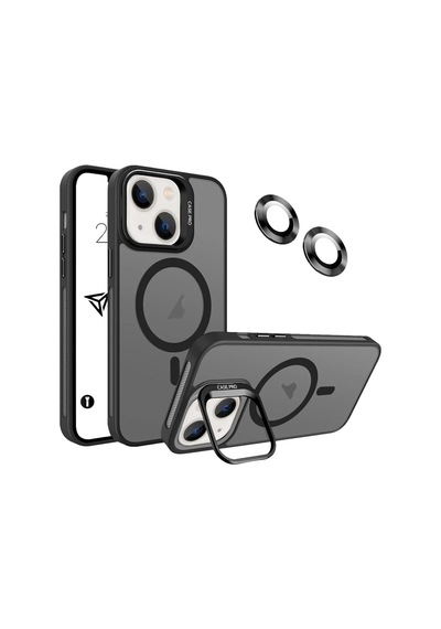 iPhone Uyumlu 14 Plus / 15 Plus Kamera Koruma Stantlı Magsafe Destekli Lens Koruyucu Telefon Kılıfı Siyah